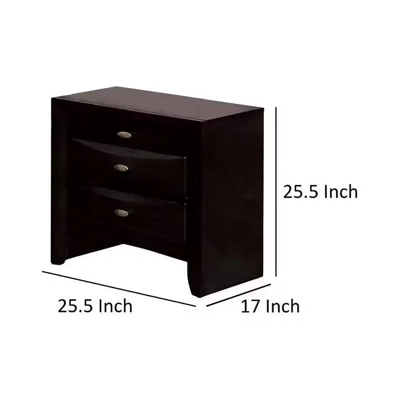 Table de chevet, plateau spacieux, poignées en métal, 3 tiroirs, bois massif noir