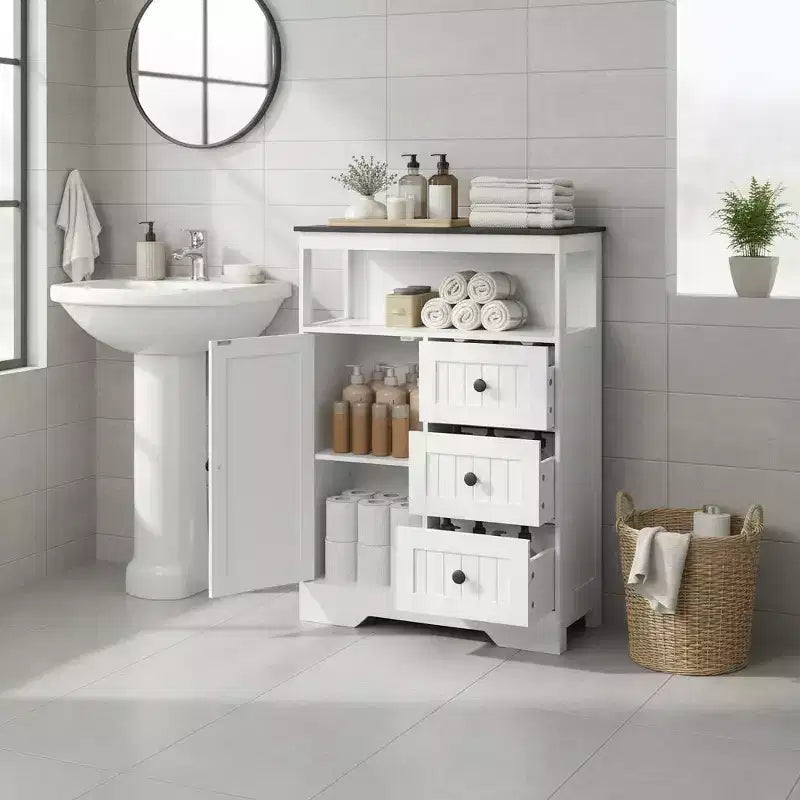 Meuble de rangement de salle de bain sur pied avec 3 tiroirs et étagère réglable