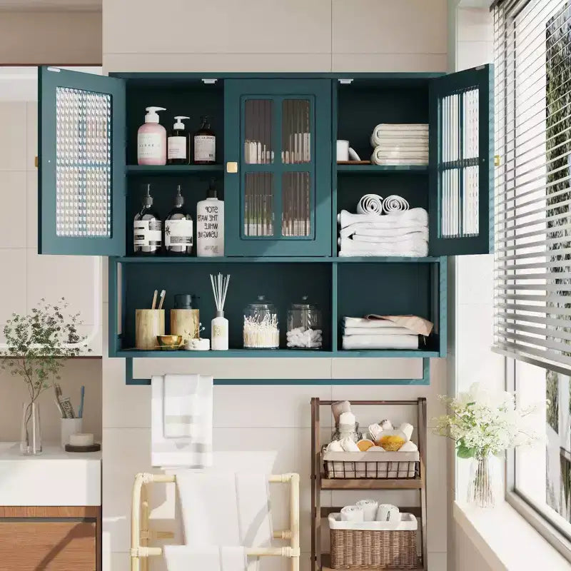 Meuble mural de salle de bain, armoire murale en bois à 3 portes avec espace de rangement ouvert et caché, armoire à pharmacie avec porte vitrée et porte-serviettes