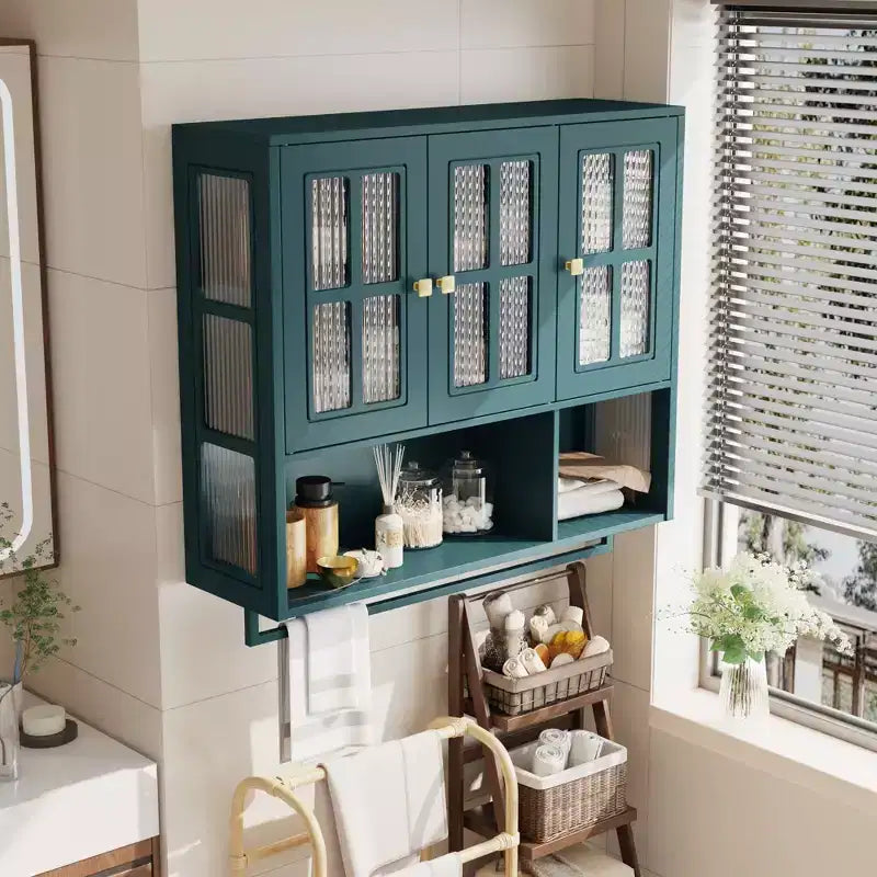 Meuble mural de salle de bain, armoire murale en bois à 3 portes avec espace de rangement ouvert et caché, armoire à pharmacie avec porte vitrée et porte-serviettes
