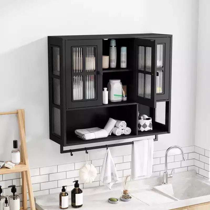 Meuble mural de salle de bain, armoire murale en bois à 3 portes avec espace de rangement ouvert et caché, armoire à pharmacie avec porte vitrée et porte-serviettes