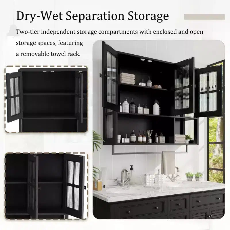Meuble mural de salle de bain, armoire murale en bois à 3 portes avec espace de rangement ouvert et caché, armoire à pharmacie avec porte vitrée et porte-serviettes