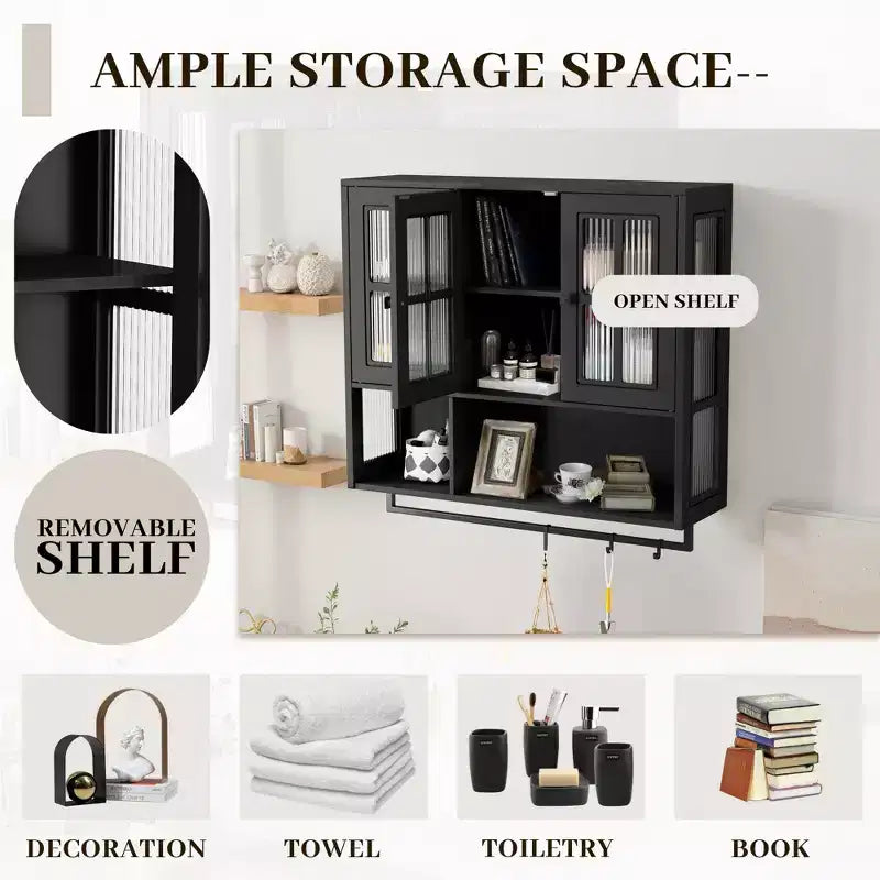 Meuble mural de salle de bain, armoire murale en bois à 3 portes avec espace de rangement ouvert et caché, armoire à pharmacie avec porte vitrée et porte-serviettes