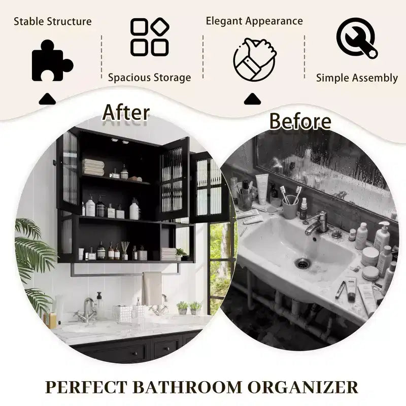 Meuble mural de salle de bain, armoire murale en bois à 3 portes avec espace de rangement ouvert et caché, armoire à pharmacie avec porte vitrée et porte-serviettes