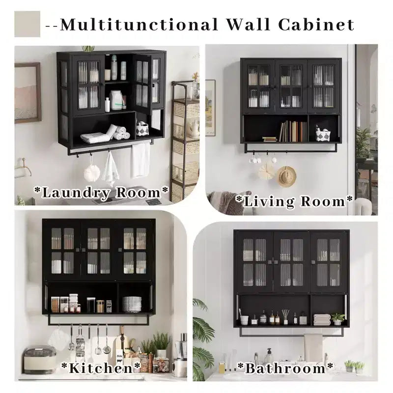 Meuble mural de salle de bain, armoire murale en bois à 3 portes avec espace de rangement ouvert et caché, armoire à pharmacie avec porte vitrée et porte-serviettes