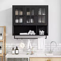 Bathroom Wall Cabinet, 3-Door Wooden Wall Cabinet with Open and Hidden Storage Space, Medicine Cabinet with Glass Door and Towel Bar