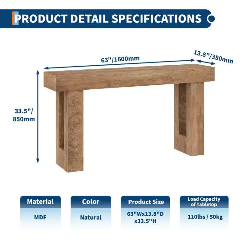 Console de 160 cm pour entrée, table de canapé étroite de style ferme en bois pour salon, Naturel