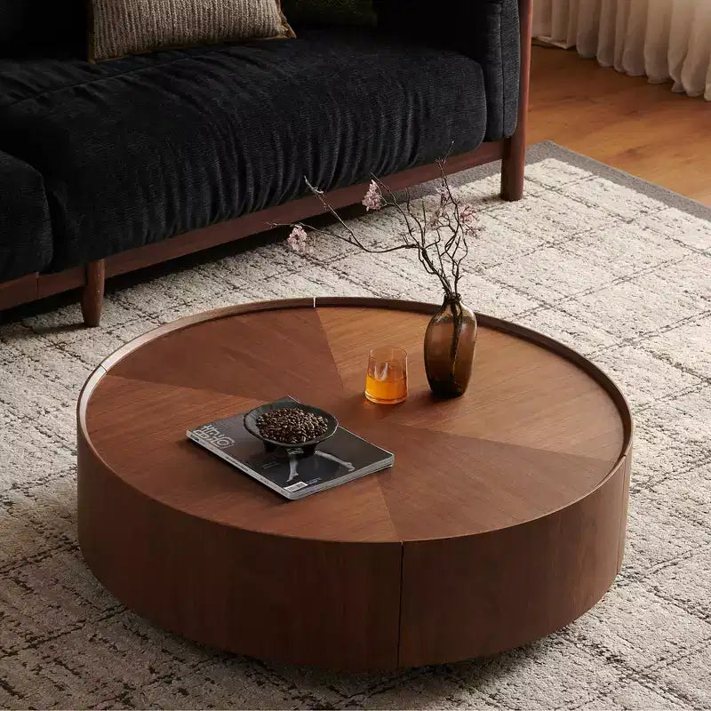 GDFStudio Veridan Round Wood Grain Coffee Table with Iron Ring Base