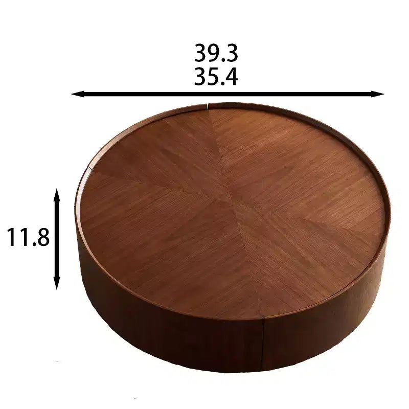 Table basse ronde en bois avec piètement en fer forgé.