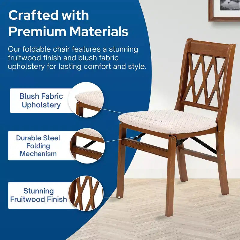 Chaises pliantes en bois à dossier croisillon avec assise rembourrée, Fruitwood, Lot de 2