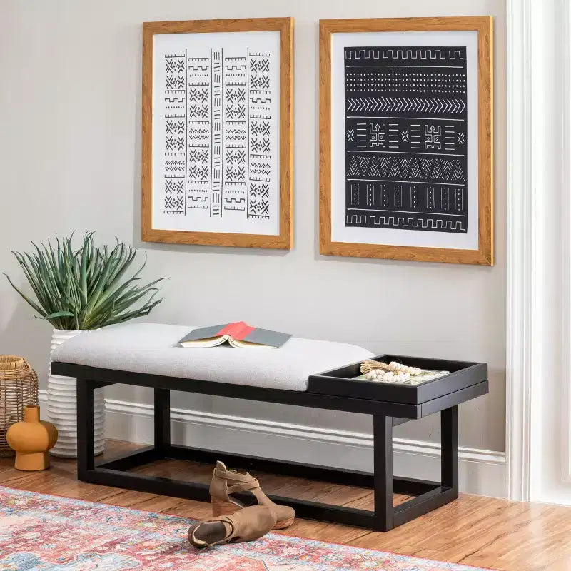 Powell Lemire Modern Bench with Tray and Upholstery Black Finished/Gray: Rectangular, Polyester, Spot Clean, 300 lbs Capacity
