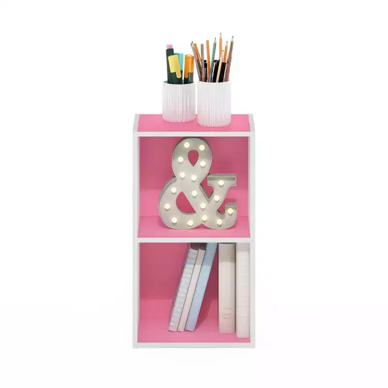 Furinno 2 Tier Open Decorative Bookshelf Night Stand End Table Sofa Side Storage Display Bookcase,Pink/White