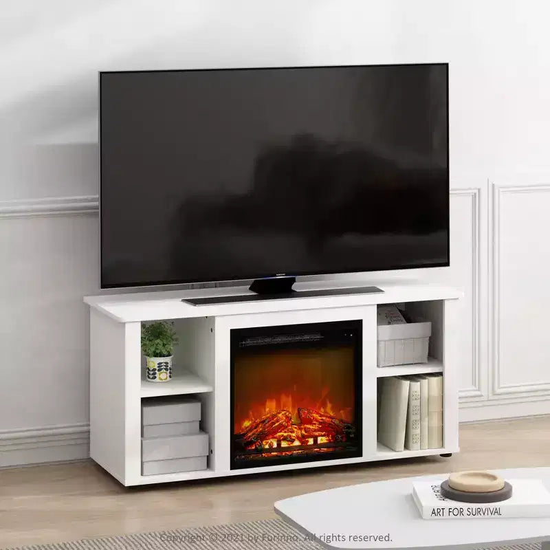 Furinno Fireplace TV Stand Entertainment Center TV Console Cabinet w/Open Storage Shelf for TV up to 55,White