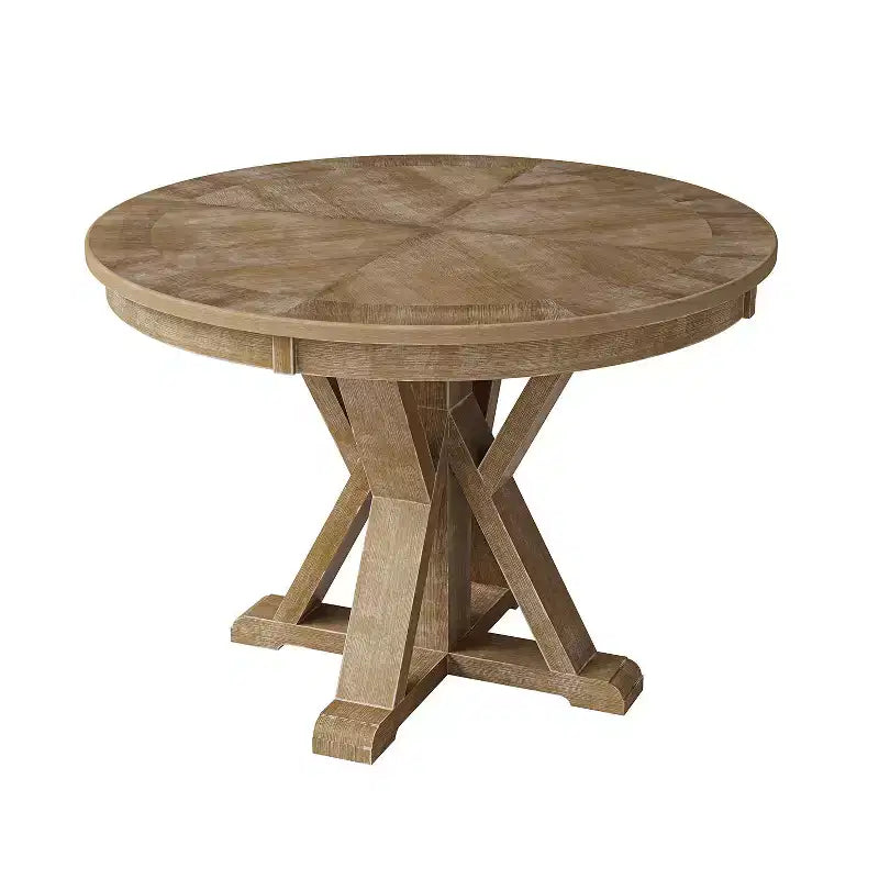 Table à manger ronde rustique en bois massif naturel avec piétement croisé pour 4 personnes