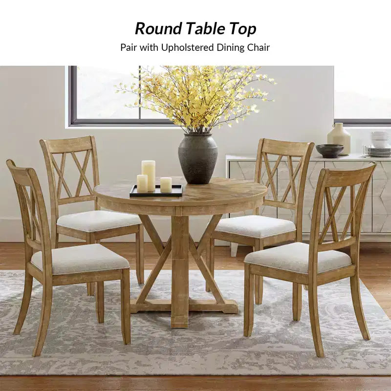 Table à manger ronde rustique en bois massif naturel avec piétement croisé pour 4 personnes