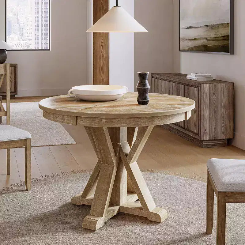 Table à manger ronde rustique en bois massif naturel avec piétement croisé pour 4 personnes
