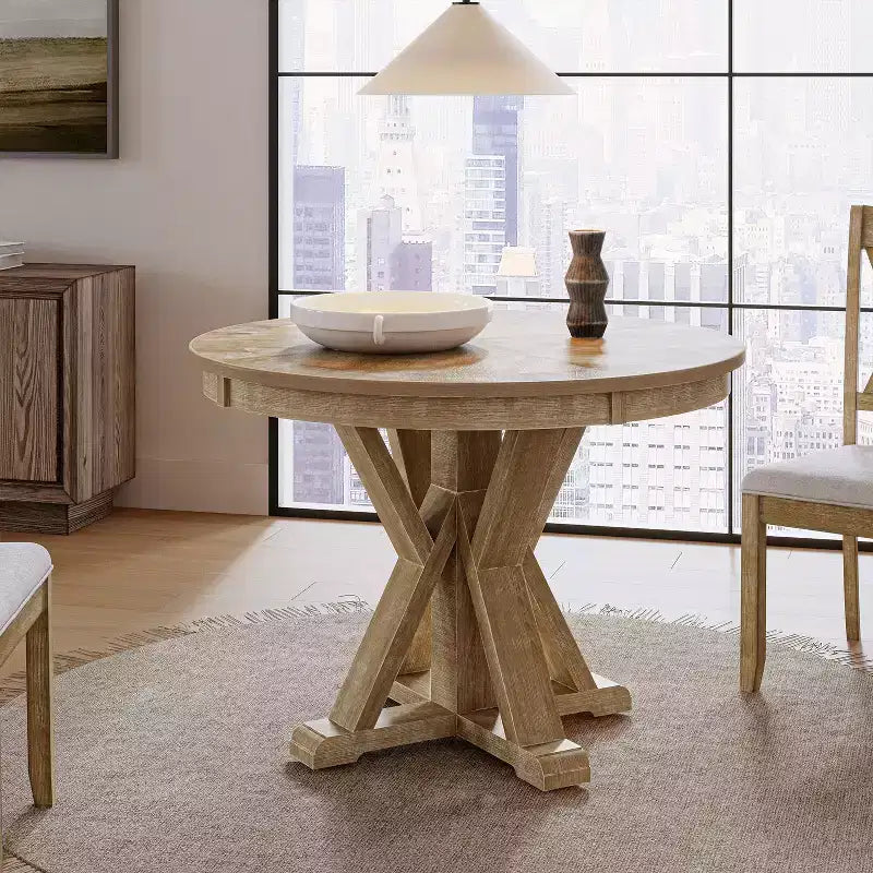 Table à manger ronde rustique en bois massif naturel avec piétement croisé pour 4 personnes