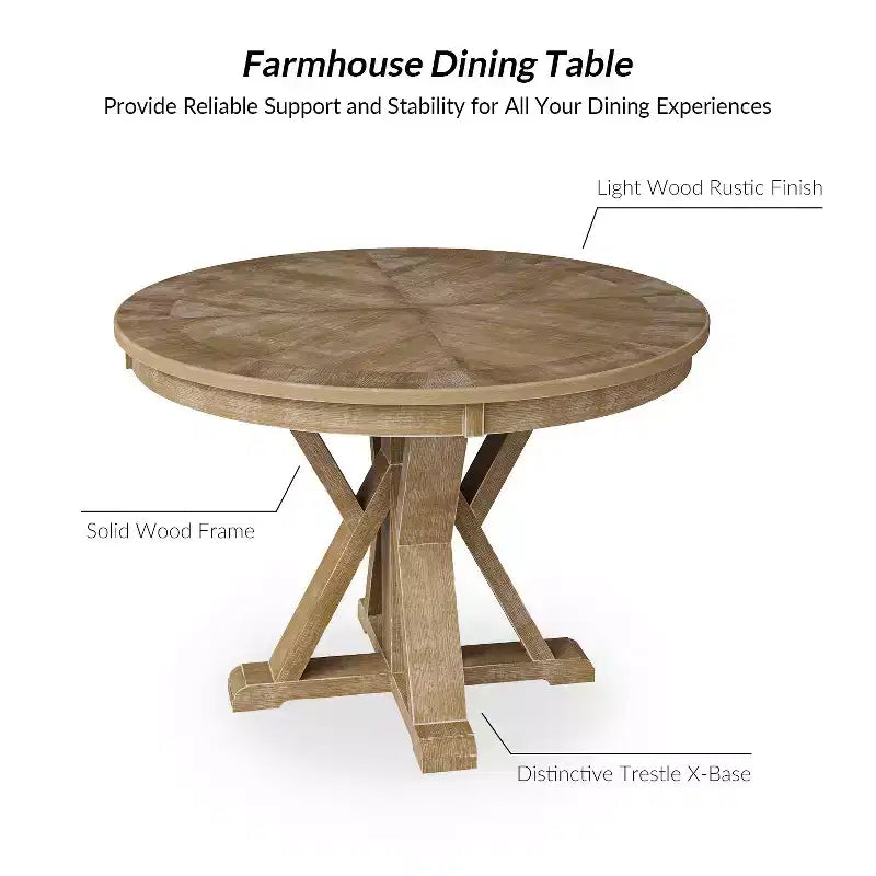 Table à manger ronde rustique en bois massif naturel avec piétement croisé pour 4 personnes
