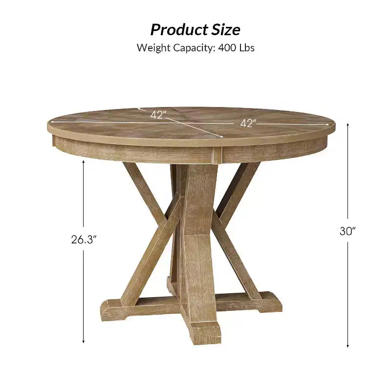 Table à manger ronde rustique en bois massif naturel avec piétement croisé pour 4 personnes