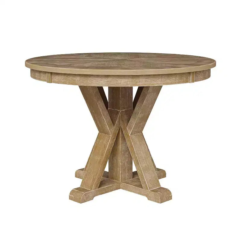 Table à manger ronde rustique en bois massif naturel avec piétement croisé pour 4 personnes