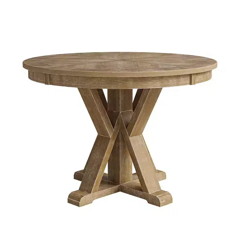 Table à manger ronde rustique en bois massif naturel avec piétement croisé pour 4 personnes
